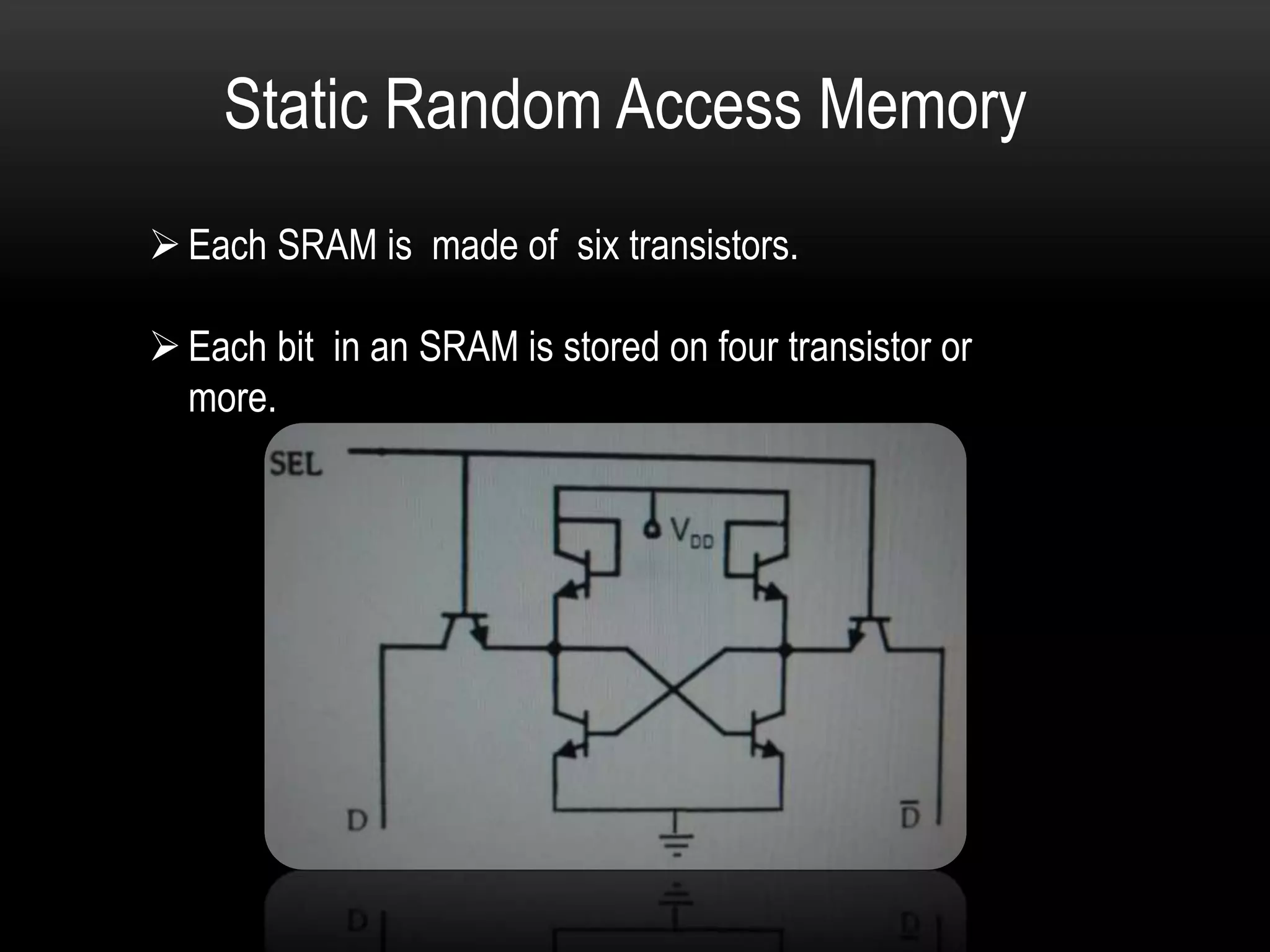 Static Random Access Memory
Each SRAM is made of six transistors.
Each bit in an SRAM is stored on four transistor or
more.
 
