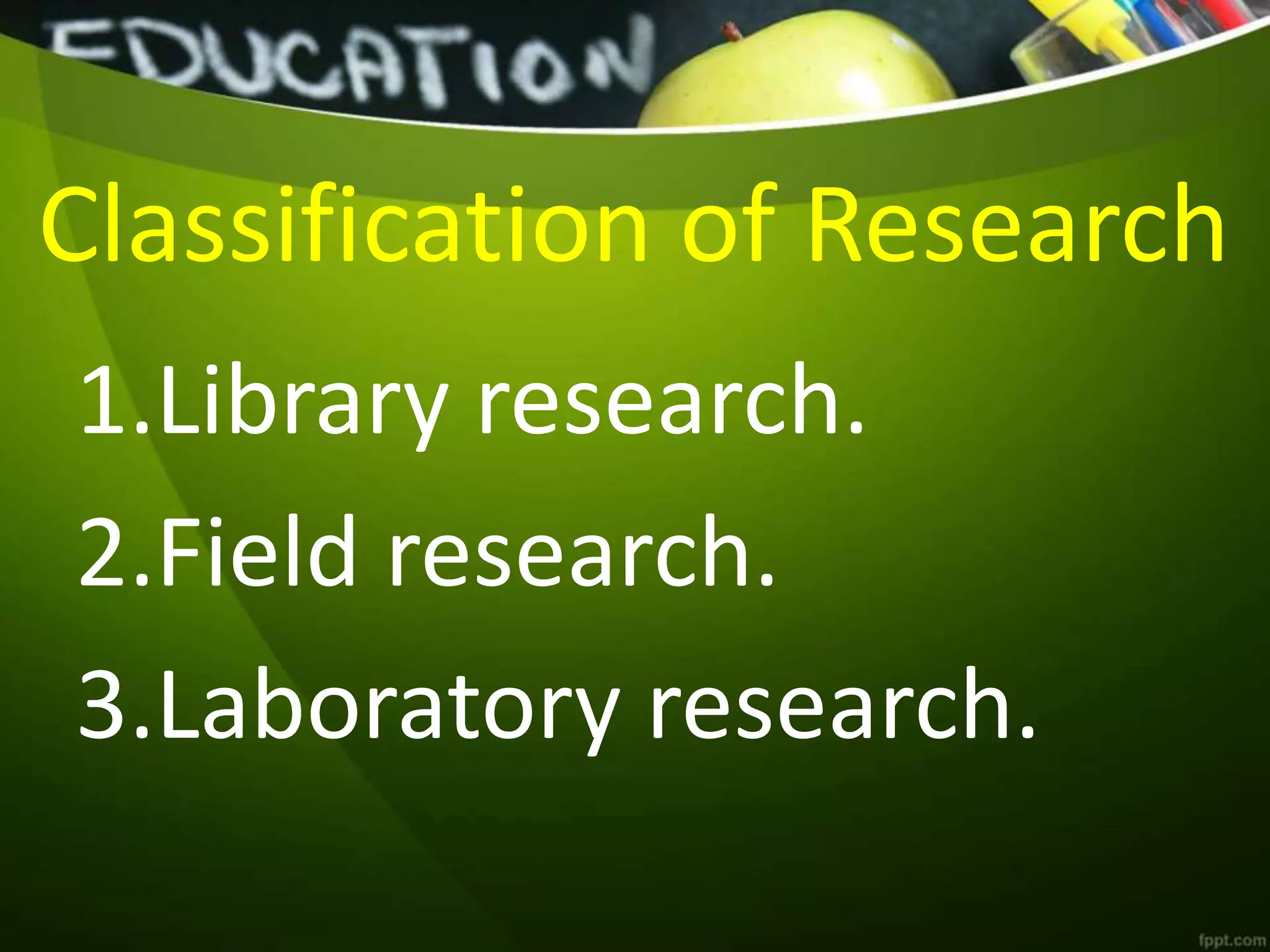 Classification of Research
1.Library research.
2.Field research.
3.Laboratory research.
 