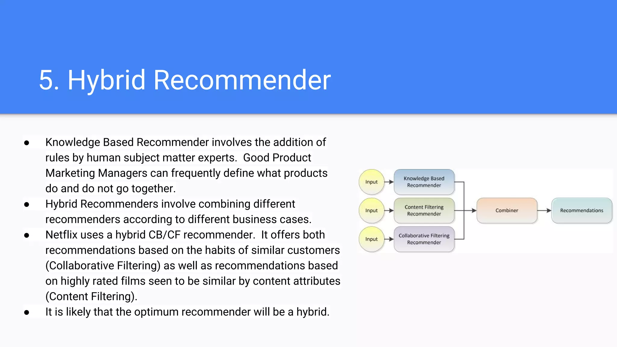 5. Hybrid Recommender
● Knowledge Based Recommender involves the addition of
rules by human subject matter experts. Good Product
Marketing Managers can frequently define what products
do and do not go together.
● Hybrid Recommenders involve combining different
recommenders according to different business cases.
● Netflix uses a hybrid CB/CF recommender. It offers both
recommendations based on the habits of similar customers
(Collaborative Filtering) as well as recommendations based
on highly rated films seen to be similar by content attributes
(Content Filtering).
● It is likely that the optimum recommender will be a hybrid.
 
