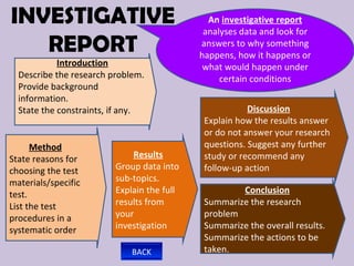 INVESTIGATIVE                                 An investigative report
                                             analyses data and look for
   REPORT                                   answers to why something
                                            happens, how it happens or
            Introduction                     what would happen under
  Describe the research problem.                 certain conditions
  Provide background
  information.
  State the constraints, if any.                        Discussion
                                             Explain how the results answer
                                             or do not answer your research
      Method                                 questions. Suggest any further
State reasons for            Results         study or recommend any
choosing the test        Group data into     follow-up action
materials/specific       sub-topics.
test.                    Explain the full            Conclusion
List the test            results from        Summarize the research
procedures in a          your                problem
systematic order         investigation       Summarize the overall results.
                                             Summarize the actions to be
                             BACK            taken.
 