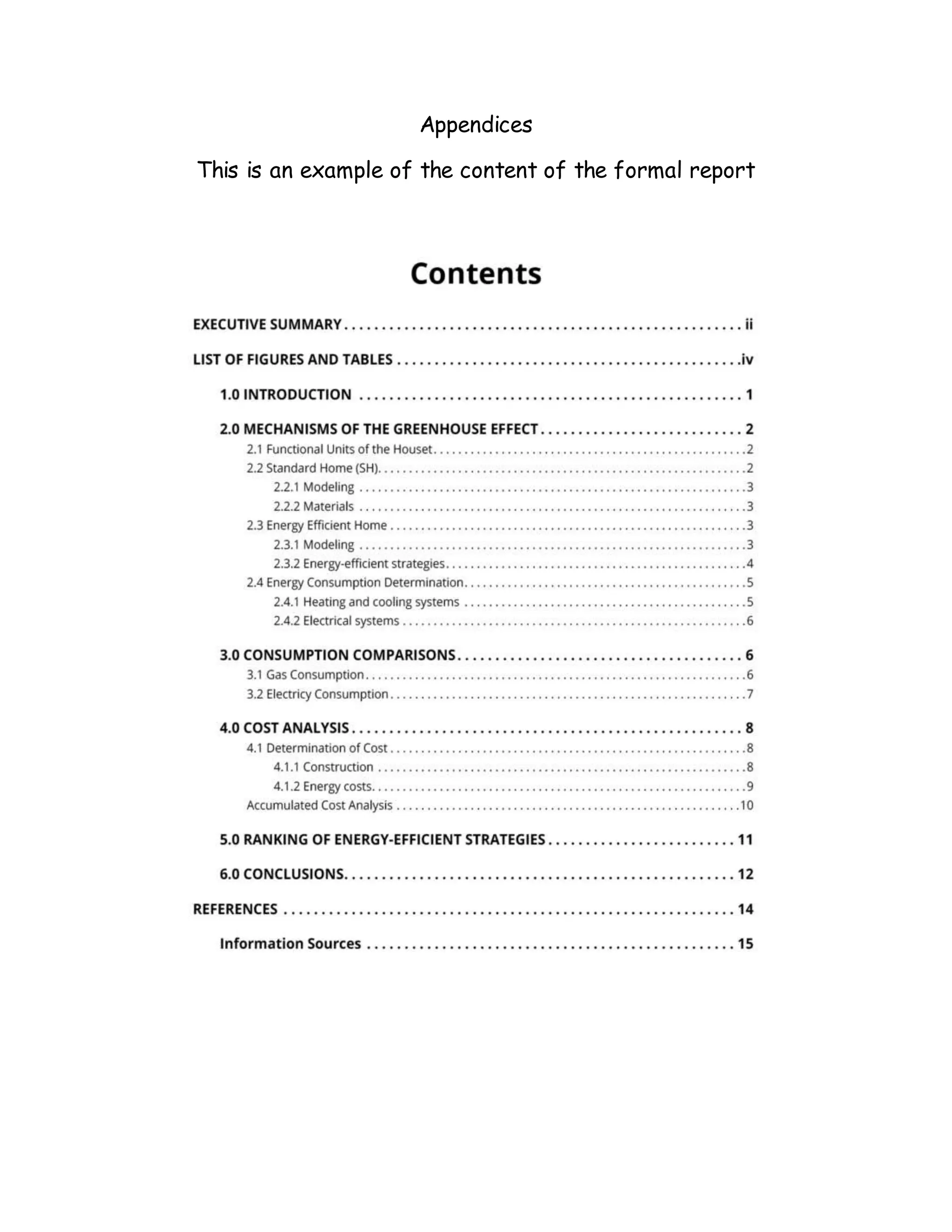 Appendices
This is an example of the content of the formal report
 
