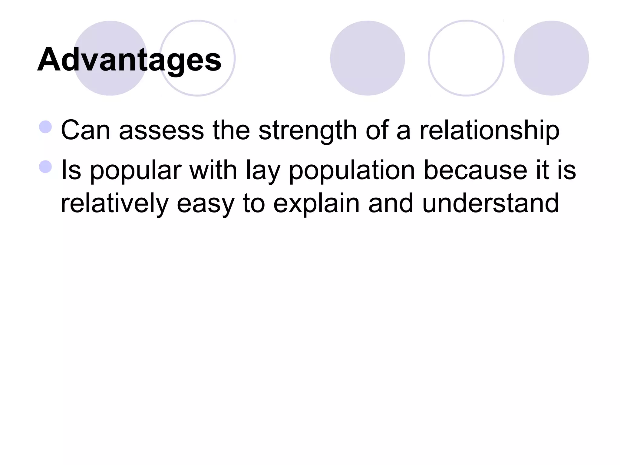Advantages
Can assess the strength of a relationship
Is popular with lay population because it is
relatively easy to explain and understand
 