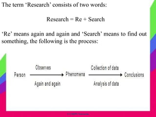 The term ‘Research’ consists of two words:
Research = Re + Search
‘Re’ means again and again and ‘Search’ means to find out
something, the following is the process:
© CHIPS Networks
 