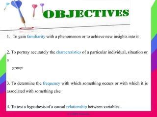 1. To gain familiarity with a phenomenon or to achieve new insights into it
2. To portray accurately the characteristics of a particular individual, situation or
a
group
3. To determine the frequency with which something occurs or with which it is
associated with something else
4. To test a hypothesis of a causal relationship between variables
© CHIPS Networks
 