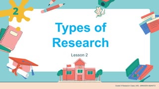 Lesson 2
2
Grade 9 Research Class | MS. JIMNAIRA ABANTO
Types of
Research
 