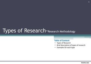 Types of Research-Research Methodology
Anisha Lalu
1
Table of Content
• Types of Research
• Brief description of types of research
• Examples for each type
 