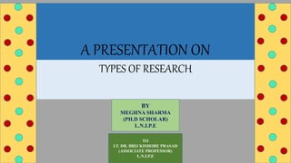 A PRESENTATION ON
TYPES OF RESEARCH
BY
MEGHNA SHARMA
(PH.D SCHOLAR)
L.N.I.P.E
TO
LT. DR. BRIJ KISHORE PRASAD
(ASSOCIATE PROFESSOR)
L.N.I.P.E
 