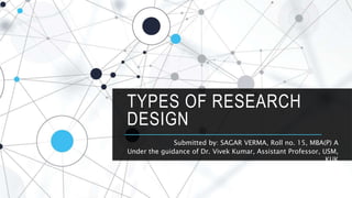 TYPES OF RESEARCH
DESIGN
Submitted by: SAGAR VERMA, Roll no. 15, MBA(P) A
Under the guidance of Dr. Vivek Kumar, Assistant Professor, USM,
KUK
 