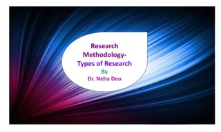Research Methodology
Types of Research
By Dr. Neha Deo
Research
Methodology-
Types of Research
By
Dr. Neha Deo
 