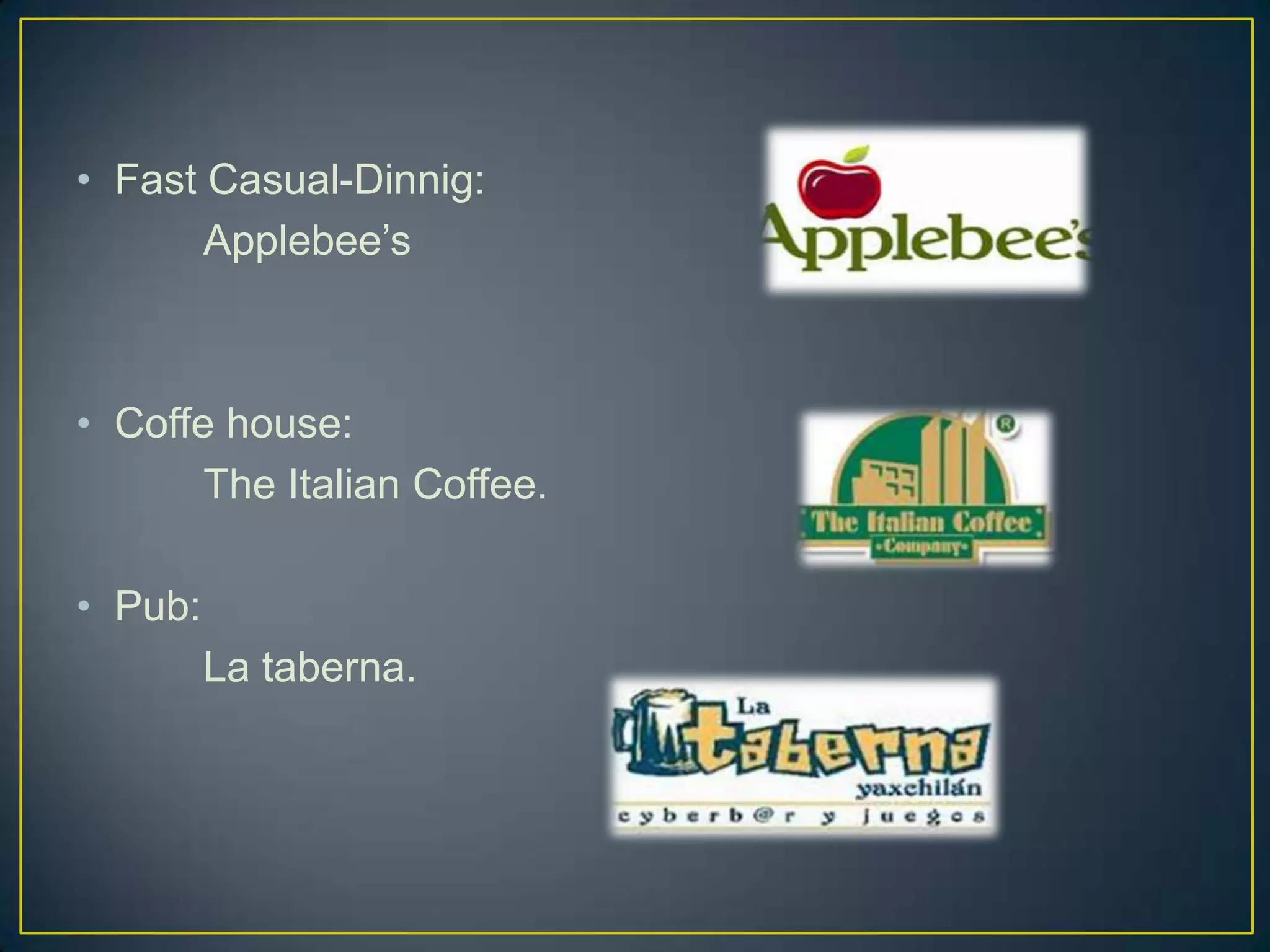 • Fast Casual-Dinnig:
Applebee’s

• Coffe house:
The Italian Coffee.
• Pub:
La taberna.

 