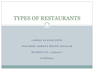 TYPES OF RESTAURANTS

LARISA AVALOS PEÑA
TEACHER: LORENA REYES AGUILAR
MATRICULA: 12354217
GAMIX54

 