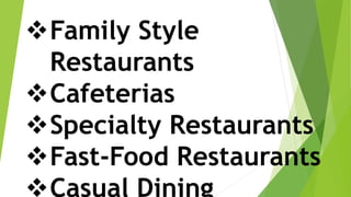 Family Style
Restaurants
Cafeterias
Specialty Restaurants
Fast-Food Restaurants
Casual Dining
 
