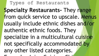 Types of Restaurants
Specialty Restaurants- They range
from quick service to upscale. Menus
usually include ethnic dishes and/or
authentic ethnic foods. They
specialize in a multicultural cuisine
not specifically accommodated by
any other listed categories.
 