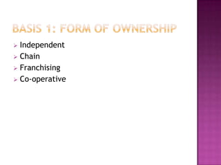  Independent
 Chain
 Franchising
 Co-operative
 