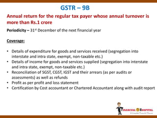 Annual return for the regular tax payer whose annual turnover is
more than Rs.1 crore
GSTR – 9B
Periodicity – 31st December of the next financial year
Coverage:
• Details of expenditure for goods and services received (segregation into
interstate and intra state, exempt, non-taxable etc.)
• Details of income for goods and services supplied (segregation into interstate
and intra state, exempt, non-taxable etc.)
• Reconciliation of SGST, CGST, IGST and their arrears (as per audits or
assessments) as well as refunds
• Profit as per profit and loss statement
• Certification by Cost accountant or Chartered Accountant along with audit report
 