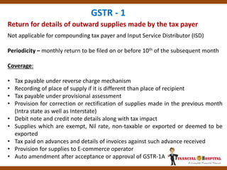 Return for details of outward supplies made by the tax payer
GSTR - 1
Not applicable for compounding tax payer and Input Service Distributor (ISD)
Periodicity – monthly return to be filed on or before 10th of the subsequent month
Coverage:
• Tax payable under reverse charge mechanism
• Recording of place of supply if it is different than place of recipient
• Tax payable under provisional assessment
• Provision for correction or rectification of supplies made in the previous month
(Intra state as well as Interstate)
• Debit note and credit note details along with tax impact
• Supplies which are exempt, Nil rate, non-taxable or exported or deemed to be
exported
• Tax paid on advances and details of invoices against such advance received
• Provision for supplies to E-commerce operator
• Auto amendment after acceptance or approval of GSTR-1A
 