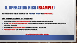 8. OPERATION RISK (EXAMPLE)
ANY LOSSES INCURRED BECAUSE OF MISTAKES MADE BY PEOPLE OR SYSTEMS CALLED OPERATION RISK.
ABC BANK FACES ONE OF THE FOLLOWING:
• ONE OF THE EMPLOYEES DEPOSITED WRONG AMOUNTS IN SOMEONE’S BANK ACCOUNT ON THE SYSTEM.
• THE BANK USES OUTDATED COUNTING MACHINES RESULTED IN MAKING BANKNOTES COUNTING MISTAKES AND AVOID DETECTING
COUNTERFEIT CURRENCIES.
• THERE ALWAYS AN OUTAGE IN THE NETWORK WHICH AFFECTED CLIENTS’ SATISFACTION.
• OUTDATED SOFT WARES MAKE EMPLOYEES VULNERABLE TO MISTAKES.
OPERATION RISK REDUCES BANK EARNINGS
 