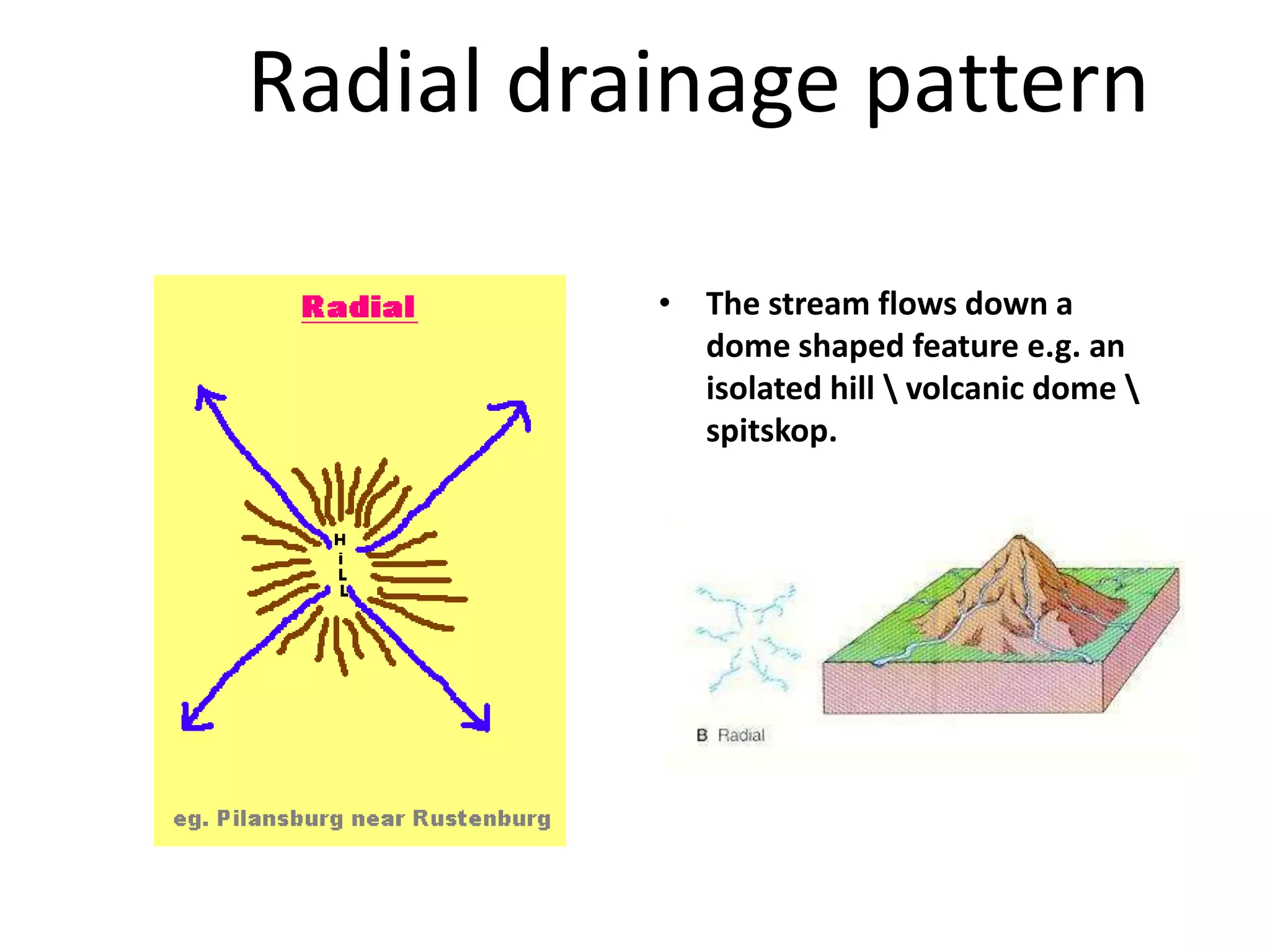 Radial drainage pattern
• The stream flows down a
dome shaped feature e.g. an
isolated hill  volcanic dome 
spitskop.
 