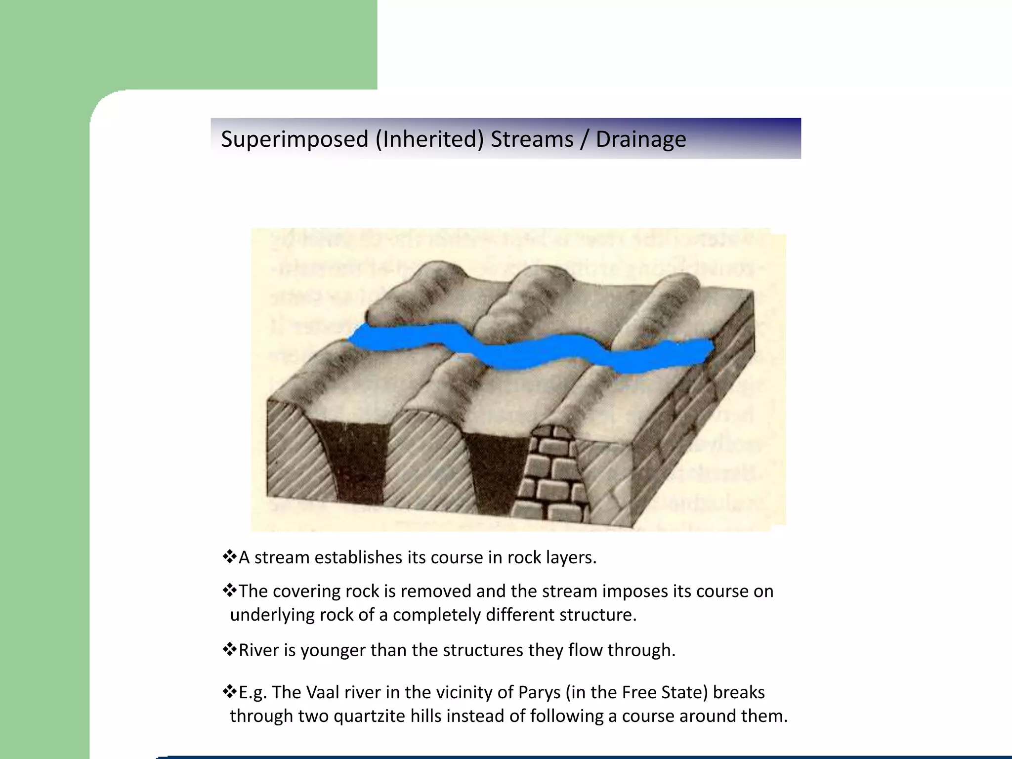 Superimposed (Inherited) Streams / Drainage
A stream establishes its course in rock layers.
The covering rock is removed and the stream imposes its course on
underlying rock of a completely different structure.
River is younger than the structures they flow through.
E.g. The Vaal river in the vicinity of Parys (in the Free State) breaks
through two quartzite hills instead of following a course around them.
 