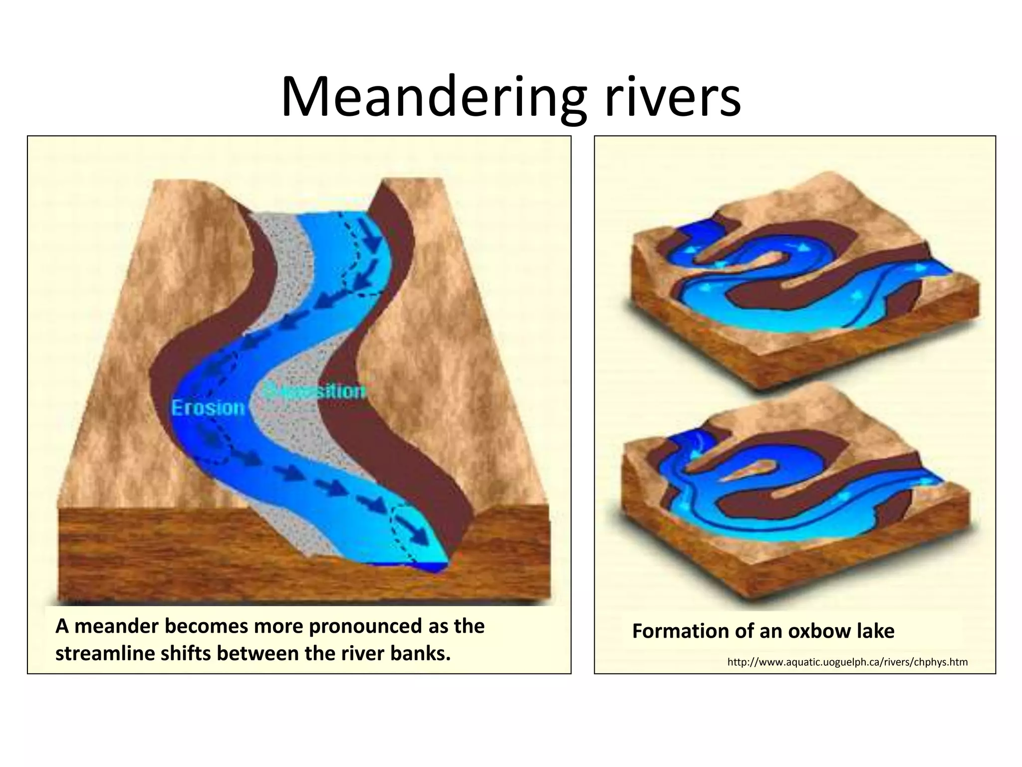 Meandering rivers
http://www.aquatic.uoguelph.ca/rivers/chphys.htm
A meander becomes more pronounced as the
streamline shifts between the river banks.
Formation of an oxbow lake
 