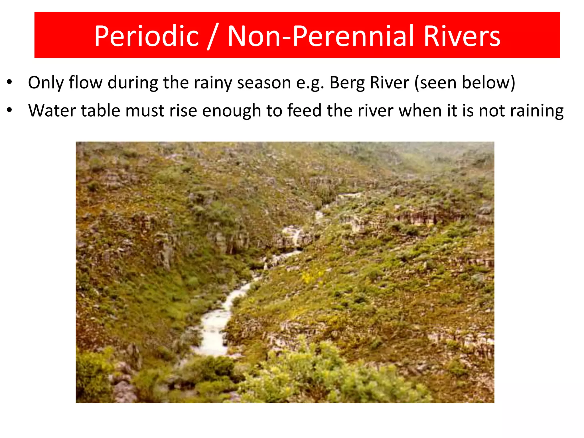 Periodic / Non-Perennial Rivers
• Only flow during the rainy season e.g. Berg River (seen below)
• Water table must rise enough to feed the river when it is not raining
 