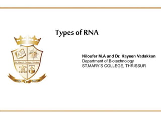Typesof RNA
Niloufer M.A and Dr. Kayeen Vadakkan
Department of Biotechnology
ST.MARY’S COLLEGE, THRISSUR
 
