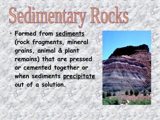 • Formed from sediments
(rock fragments, mineral
grains, animal & plant
remains) that are pressed
or cemented together or
when sediments precipitate
out of a solution.
 