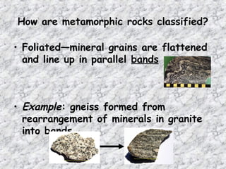 How are metamorphic rocks classified?
• Foliated—mineral grains are flattened
and line up in parallel bands
• Example: gneiss formed from
rearrangement of minerals in granite
into bands
 