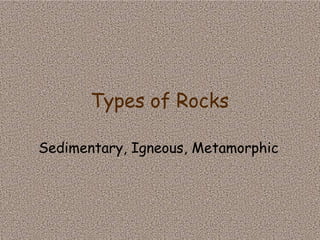 Types of Rocks
Sedimentary, Igneous, Metamorphic
 