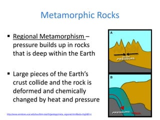 Metamorphic Rocks
 Regional Metamorphism –
pressure builds up in rocks
that is deep within the Earth
 Large pieces of the Earth’s
crust collide and the rock is
deformed and chemically
changed by heat and pressure
http://www.windows.ucar.edu/tour/link=/earth/geology/meta_regional.html&edu=high&fr=t
 