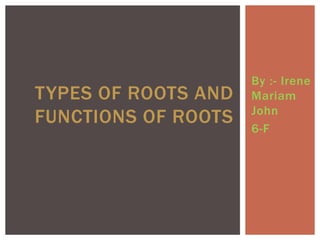 By :- Irene
Mariam
John
6-F
TYPES OF ROOTS AND
FUNCTIONS OF ROOTS
 