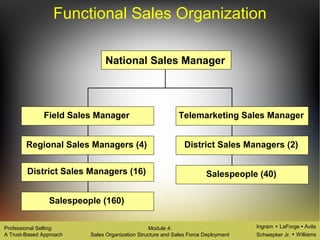 Ingram LaForge Avila
Schwepker Jr. Williams
Professional Selling:
A Trust-Based Approach
Module 4:
Sales Organization Structure and Sales Force Deployment
Functional Sales Organization
National Sales Manager
Field Sales Manager Telemarketing Sales Manager
Regional Sales Managers (4)
Salespeople (160)
Salespeople (40)
District Sales Managers (2)
District Sales Managers (16)
 