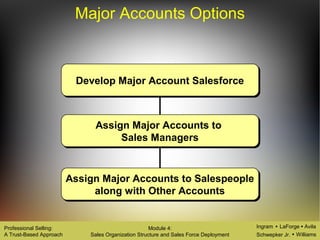 Ingram LaForge Avila
Schwepker Jr. Williams
Professional Selling:
A Trust-Based Approach
Module 4:
Sales Organization Structure and Sales Force Deployment
Develop Major Account Salesforce
Assign Major Accounts to
Sales Managers
Assign Major Accounts to Salespeople
along with Other Accounts
Major Accounts Options
 