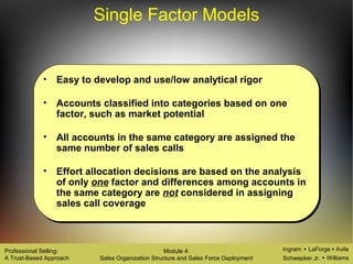 Ingram LaForge Avila
Schwepker Jr. Williams
Professional Selling:
A Trust-Based Approach
Module 4:
Sales Organization Structure and Sales Force Deployment
Single Factor Models
• Easy to develop and use/low analytical rigor
• Accounts classified into categories based on one
factor, such as market potential
• All accounts in the same category are assigned the
same number of sales calls
• Effort allocation decisions are based on the analysis
of only one factor and differences among accounts in
the same category are not considered in assigning
sales call coverage
 