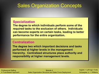 Ingram LaForge Avila
Schwepker Jr. Williams
Professional Selling:
A Trust-Based Approach
Module 4:
Sales Organization Structure and Sales Force Deployment
Sales Organization Concepts
Specialization
The degree to which individuals perform some of the
required tasks to the exclusion of others. Individuals
can become experts on certain tasks, leading to better
performance for the entire organization.
Centralization
The degree two which important decisions and tasks
performed at higher levels in the management
hierarchy. Centralized structures place authority and
responsibility at higher management levels.
 