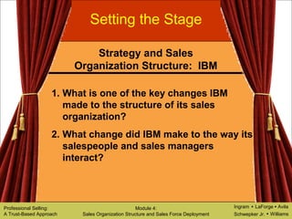 Ingram LaForge Avila
Schwepker Jr. Williams
Professional Selling:
A Trust-Based Approach
Module 4:
Sales Organization Structure and Sales Force Deployment
Setting the Stage
1. What is one of the key changes IBM
made to the structure of its sales
organization?
2. What change did IBM make to the way its
salespeople and sales managers
interact?
Strategy and Sales
Organization Structure: IBM
 