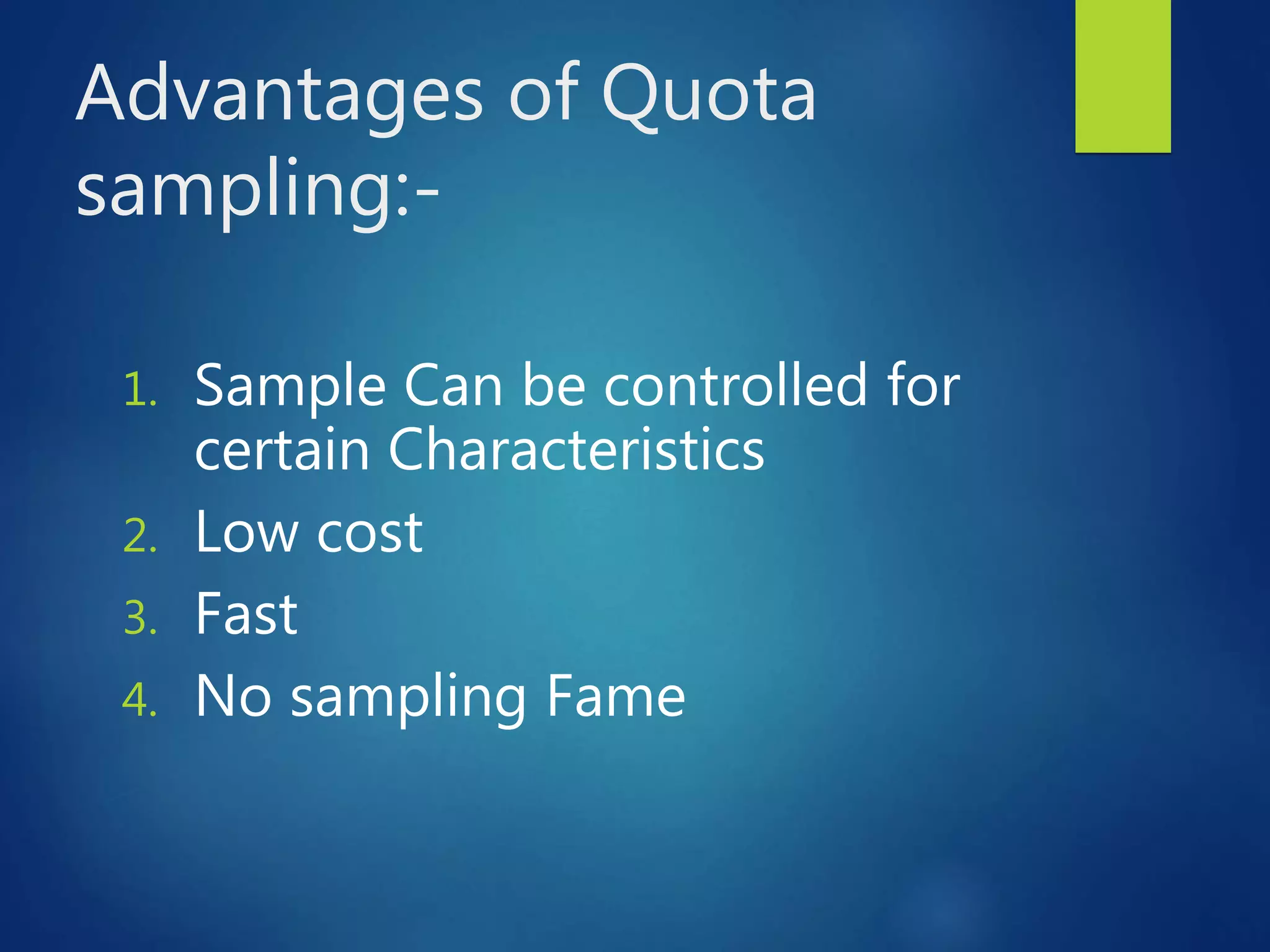 Advantages of Quota
sampling:-
1. Sample Can be controlled for
certain Characteristics
2. Low cost
3. Fast
4. No sampling Fame
 