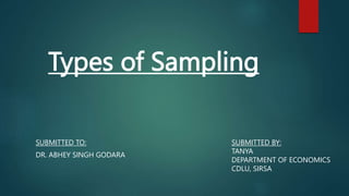 Types of Sampling
SUBMITTED TO:
DR. ABHEY SINGH GODARA
SUBMITTED BY:
TANYA
DEPARTMENT OF ECONOMICS
CDLU, SIRSA
 