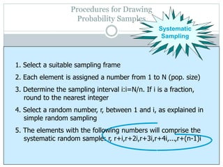 Procedures for Drawing
Probability Samples
Systematic
Sampling
1. Select a suitable sampling frame
2. Each element is assigned a number from 1 to N (pop. size)
3. Determine the sampling interval i:i=N/n. If i is a fraction,
round to the nearest integer
4. Select a random number, r, between 1 and i, as explained in
simple random sampling
5. The elements with the following numbers will comprise the
systematic random sample: r, r+i,r+2i,r+3i,r+4i,...,r+(n-1)i
 