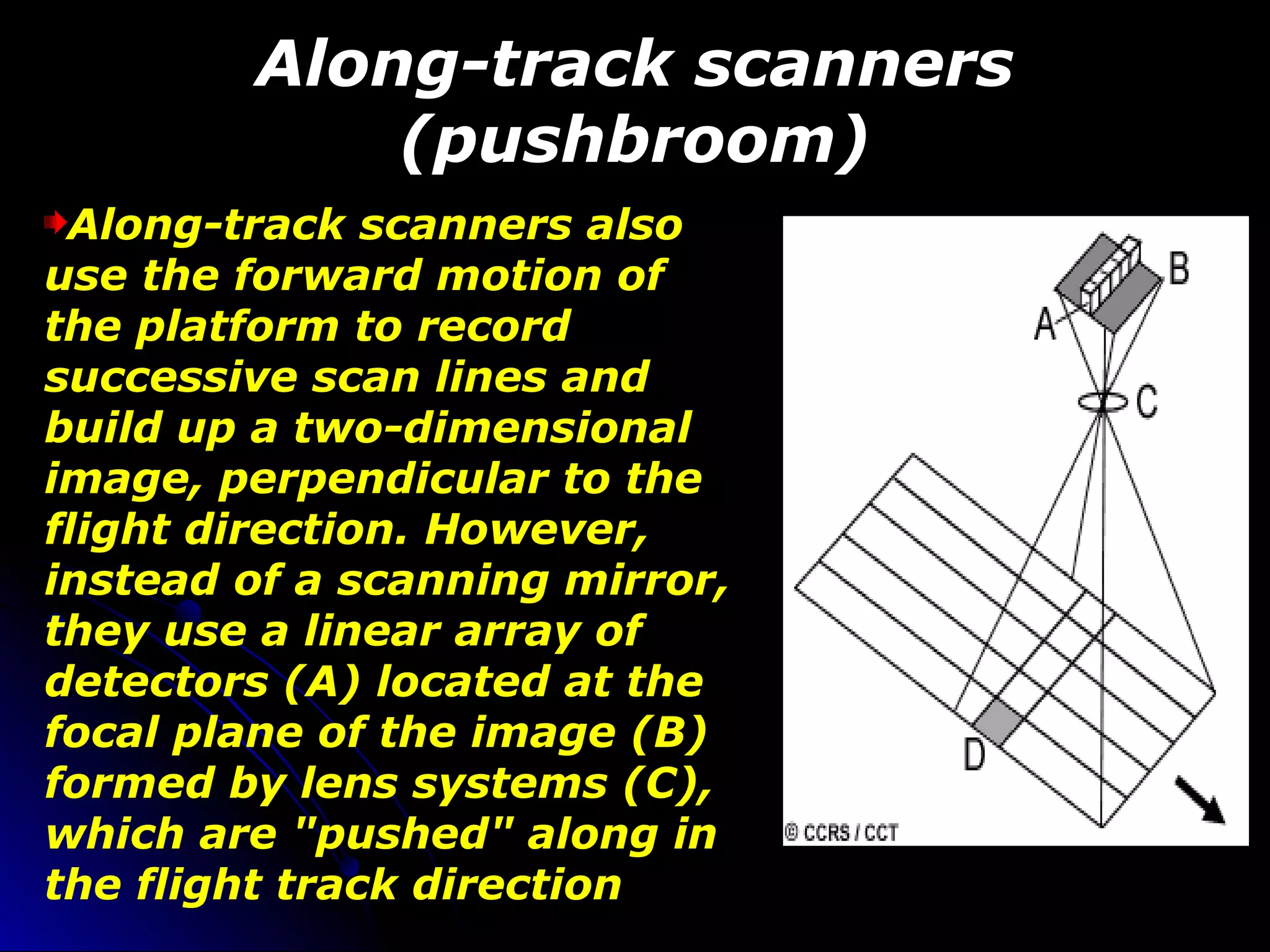 Along-track scannersAlong-track scanners
(pushbroom)(pushbroom)
Along-track scanners also
use the forward motion of
the platform to record
successive scan lines and
build up a two-dimensional
image, perpendicular to the
flight direction. However,
instead of a scanning mirror,
they use a linear array of
detectors (A) located at the
focal plane of the image (B)
formed by lens systems (C),
which are "pushed" along in
the flight track direction
 