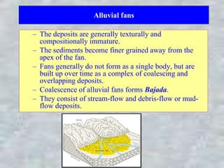 Alluvial fans
– The deposits are generally texturally and
compositionally immature.
– The sediments become finer grained away from the
apex of the fan.
– Fans generally do not form as a single body, but are
built up over time as a complex of coalescing and
overlapping deposits.
– Coalescence of alluvial fans forms Bajada.
– They consist of stream-flow and debris-flow or mud-
flow deposits.
 