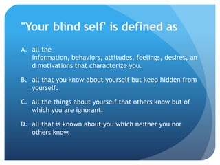 "Your blind self' is defined as
A. all the
   information, behaviors, attitudes, feelings, desires, an
   d motivations that characterize you.

B. all that you know about yourself but keep hidden from
   yourself.

C. all the things about yourself that others know but of
   which you are ignorant.

D. all that is known about you which neither you nor
   others know.
 