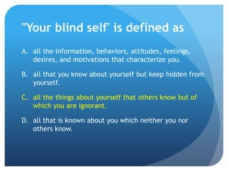 "Your blind self' is defined as
A. all the information, behaviors, attitudes, feelings,
   desires, and motivations that characterize you.

B. all that you know about yourself but keep hidden from
   yourself.

C. all the things about yourself that others know but of
   which you are ignorant.

D. all that is known about you which neither you nor
   others know.
 