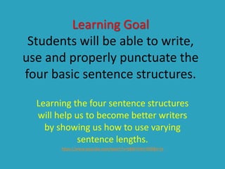 Learning Goal
Students will be able to write,
use and properly punctuate the
four basic sentence structures.
Learning the four sentence structures
will help us to become better writers
by showing us how to use varying
sentence lengths.
https://www.youtube.com/watch?v=b84H3Hnr5N8&t=5s
 