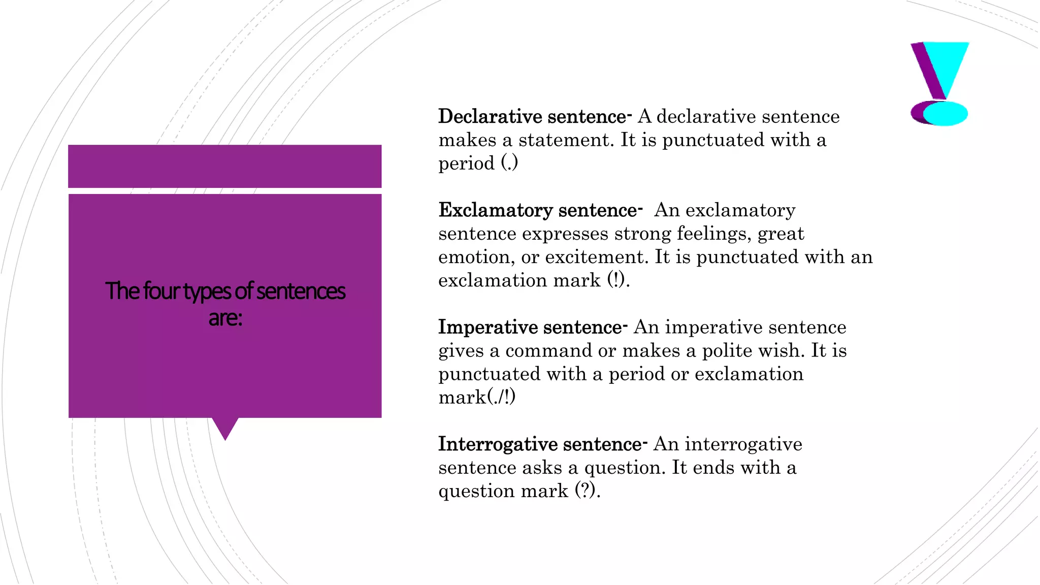 Thefourtypesofsentences
are:
Declarative sentence- A declarative sentence
makes a statement. It is punctuated with a
period (.)
Exclamatory sentence- An exclamatory
sentence expresses strong feelings, great
emotion, or excitement. It is punctuated with an
exclamation mark (!).
Imperative sentence- An imperative sentence
gives a command or makes a polite wish. It is
punctuated with a period or exclamation
mark(./!)
Interrogative sentence- An interrogative
sentence asks a question. It ends with a
question mark (?).