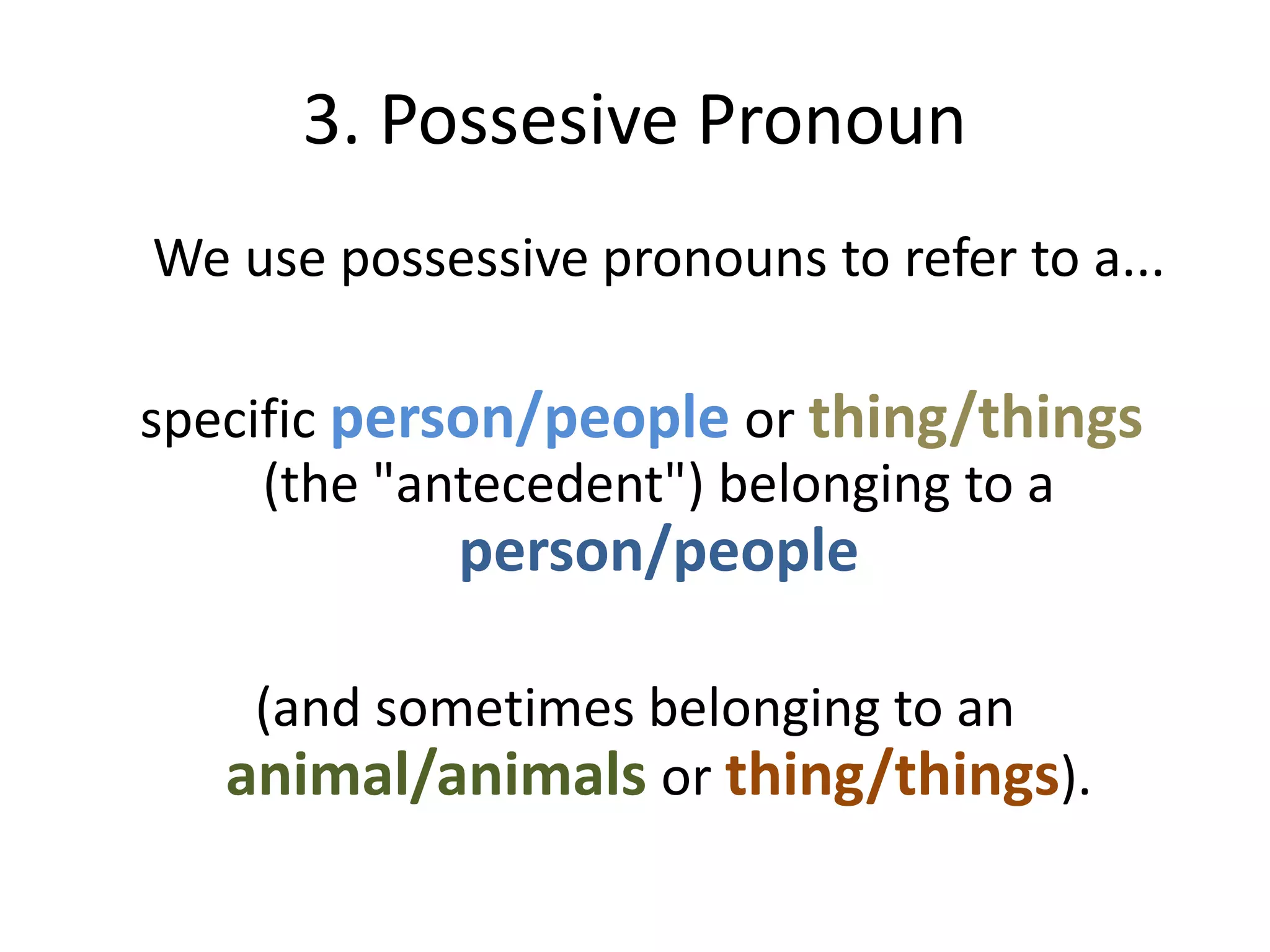 3. Possesive Pronoun
We use possessive pronouns to refer to a...
specific person/people or thing/things
(the "antecedent") belonging to a
person/people
(and sometimes belonging to an
animal/animals or thing/things).
 