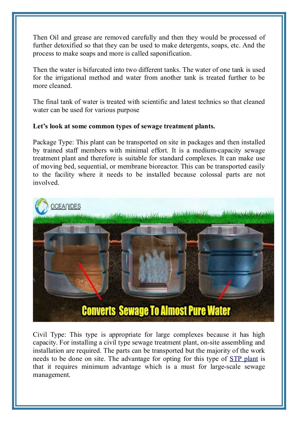 Types of sewage treatment plants