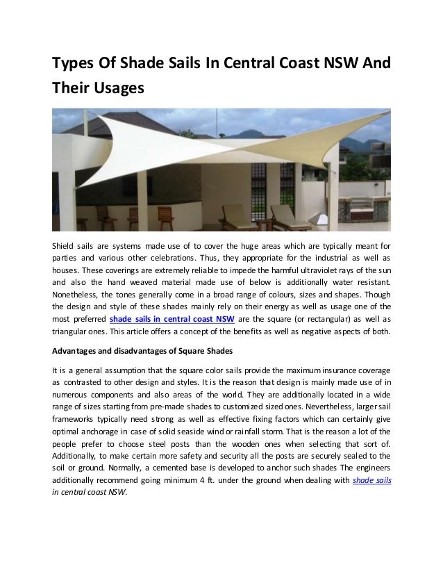 Types of shade sails in central coast nsw and their usages