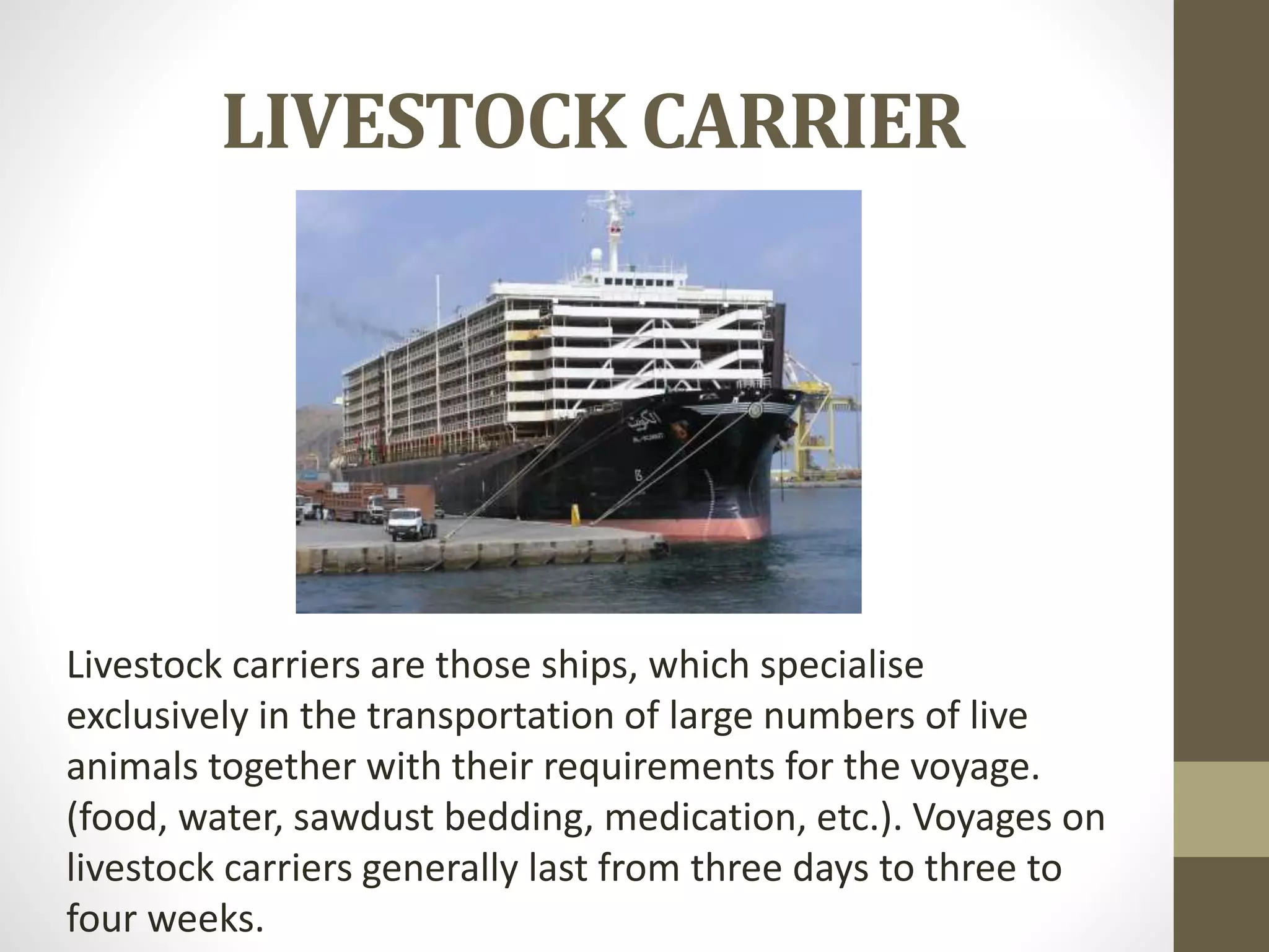 LIVESTOCK CARRIER 
Livestock carriers are those ships, which specialise 
exclusively in the transportation of large numbers of live 
animals together with their requirements for the voyage. 
(food, water, sawdust bedding, medication, etc.). Voyages on 
livestock carriers generally last from three days to three to 
four weeks. 
 