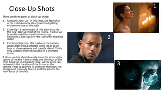 1

Close-Up Shots
There are three types of close-up shots:
1. Medium Close-Up - in this shot, the face of an
actor is shown more clearly without getting
extremely close to the actor
2. Close-Up - a certain part of the actor (usually
the face) take up most of the frame. A close-up
is usually used to empahsise an actors
emotions. Close-ups are very useful for showing
detail.
3. Extreme Close-Up - this is where the camera
zooms right into a selected point on an actor
face to show extreme and specific detail. This is
only suitable when being used in a dramatic
scene
A close-up shot should usually have the actor in the
centre of the the frame as they are the focus of the
shot, however in a medium close-up the actor can
be towards the the sides of the frame as the
camera is not so zoomed in on them. However, the
background is usually blurred and the actor is the
main focus of the shot.

2

3

 